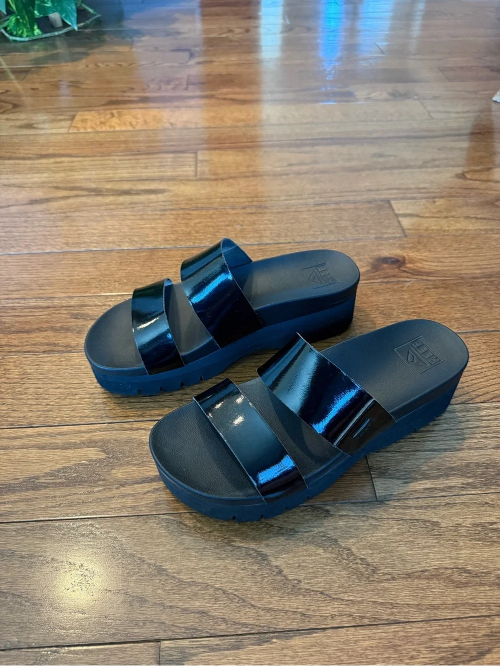 Reef Black Patent Platform Slide Sandals